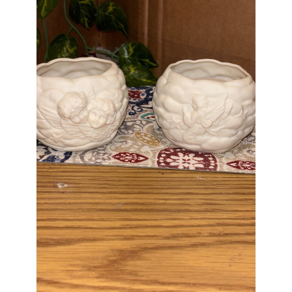 Vintage Bisque Porcelain Cherub Angel Cloud Votive Candle Holders Set of 2 White